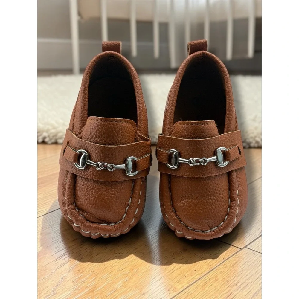 Lucky Love Baby Boys Tan Pebbled Faux Leather Horsebit Loafers Size 2
